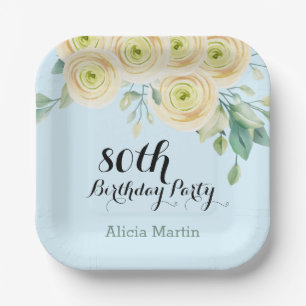 Assiettes En Carton Rose blanche Flora Eucalyptus bleu 80e anniversair