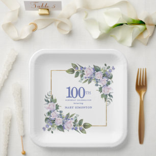Assiettes En Carton Rose blanche Flore bleu Custom 100e fête d'anniver