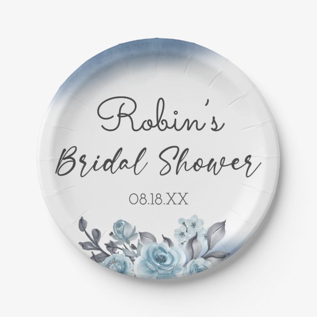 Assiettes En Carton Rose bleu aquarelle Floral Bridal Brunch Douche (Devant)