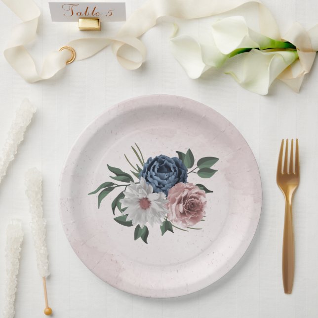 Assiettes En Carton rose bleu blanc floral verdure mariage (Mariage)