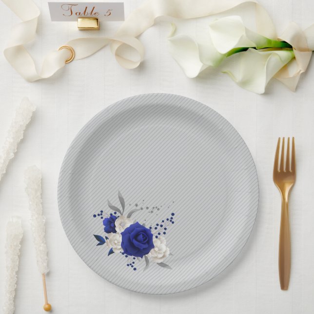 Assiettes En Carton rose bleue royale fleurs blanches grises (Mariage)