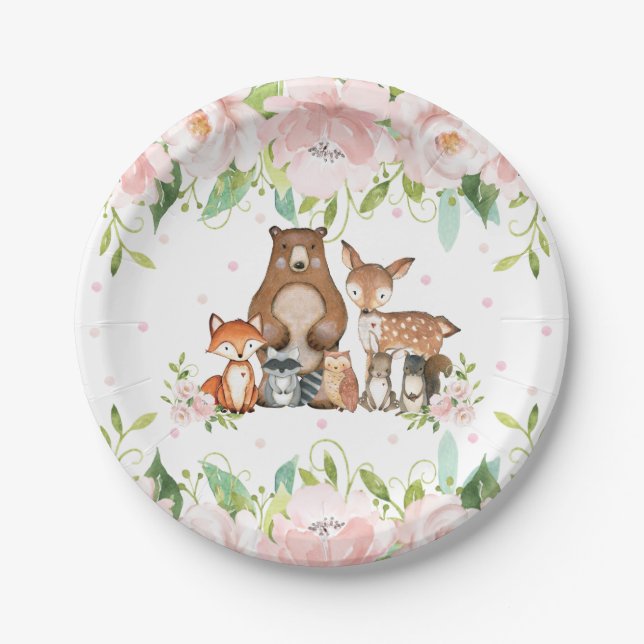 Assiettes En Carton Rose Blush Floral Bois Animaux 1er anniversaire (Devant)
