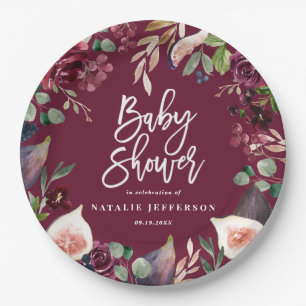 Assiettes En Carton Rose, bordeaux + fig aquarelle floral et script