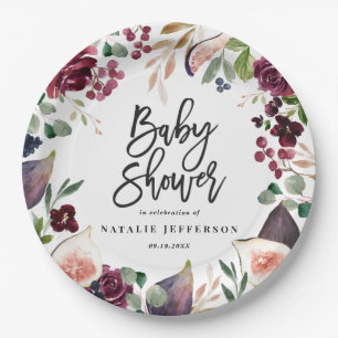 Assiettes En Carton Rose, bordeaux + fig aquarelle floral et script