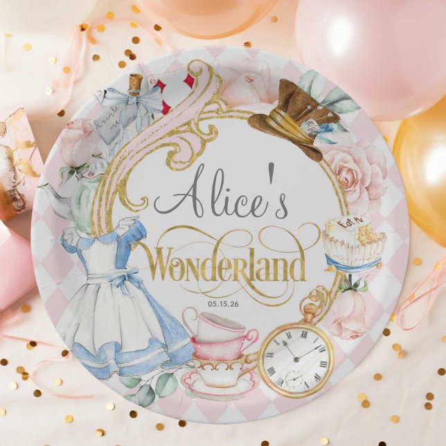 Assiettes En Carton Rose, Chapeau Fou, Tea Party, Girl Wonderland (Alice Wonderland, mad hatter, tea party, pink birthday paper plate.)