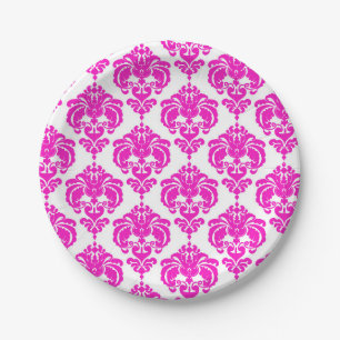 Assiettes En Carton Rose Chaude & Blanc Damassé Chic Élégant Fête