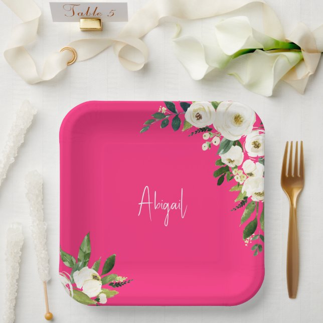 Assiettes En Carton Rose Chaude Blanche Florale Script Nom Anniversair (Mariage)