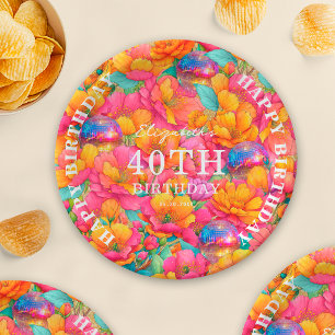 Assiettes En Carton Rose Chaude Clair Fleur Disco Balle Joyeux Anniver