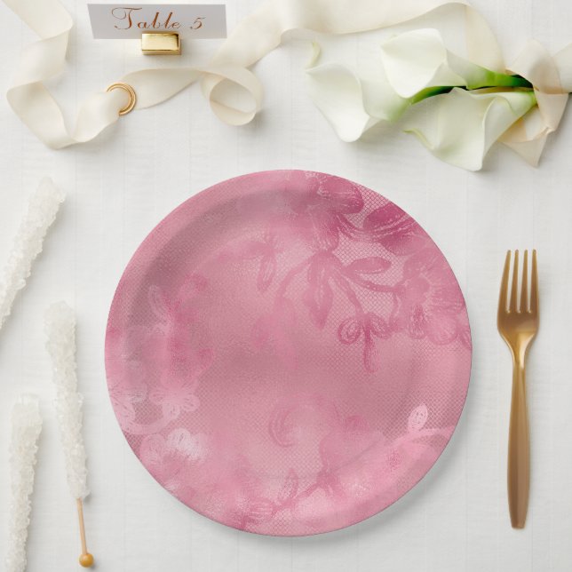 Assiettes En Carton Rose Chic en Dentelle (Mariage)