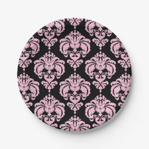 Assiettes En Carton Rose clair et noir damassé Élégance chic de fête