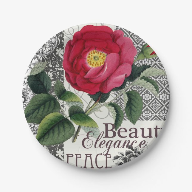 Assiettes En Carton Rose Damask Joli Floral Antique (Devant)