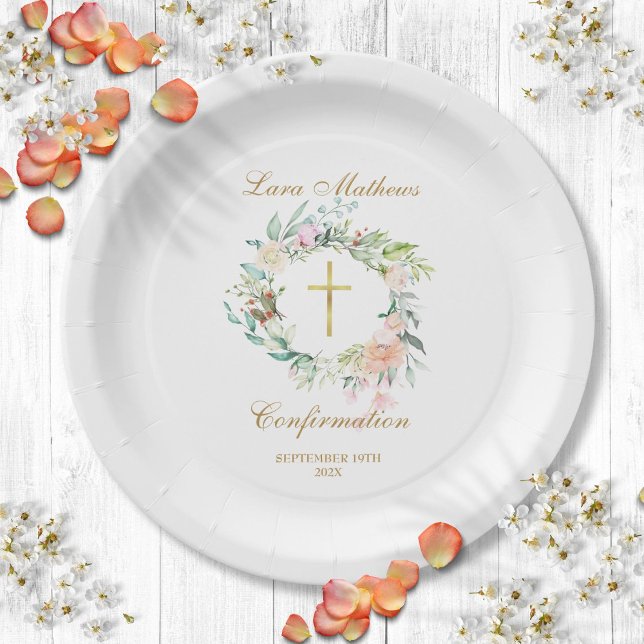Assiettes En Carton Rose de bois Garland Gold Confirmation (Woodland Rose Garland Gold Confirmation Paper Plates)