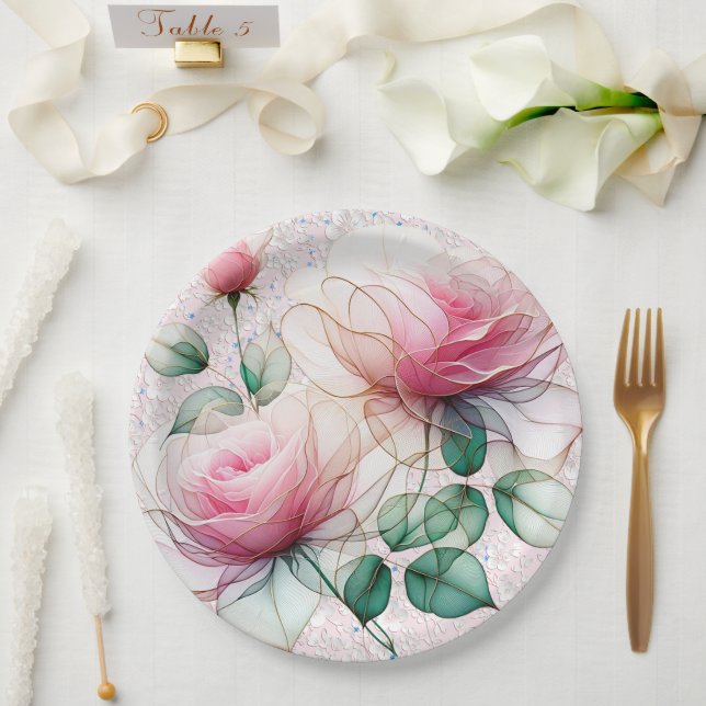 Assiettes En Carton Rose de Chiffon (Mariage)