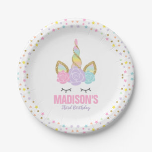 Assiettes En Carton Rose de licorne et plaque à papier 7" d'or plaque