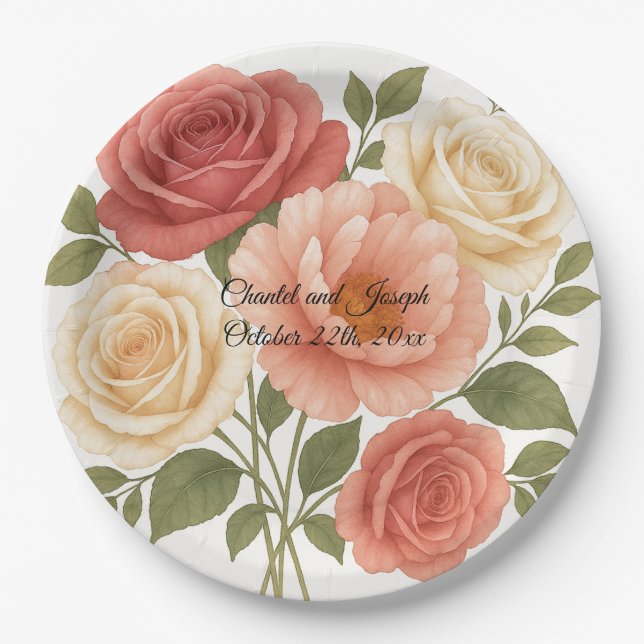 Assiettes En Carton Rose délicat Peony Mariage personnalisé (Devant)
