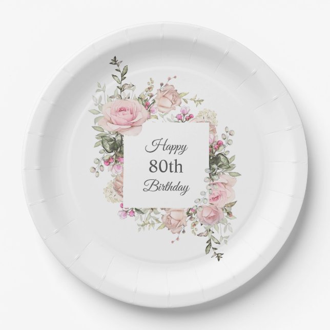 Assiettes En Carton Rose d'été Jardin Floral Anniversaire avec âge (Devant)