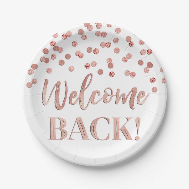 Assiettes En Carton Rose d'or Confetti Bienvenue Plaques de papier arr (Devant)