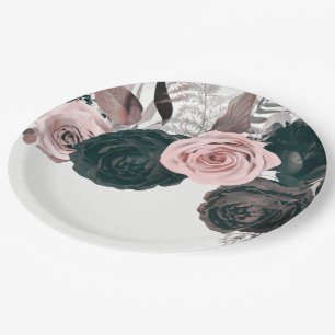 Assiettes En Carton Rose doux et noir Flore vert Mariage blanc