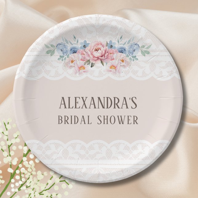 Assiettes En Carton Rose Dusty Blue Floral Vintage dentelle Fête des m (Créateur téléchargé)