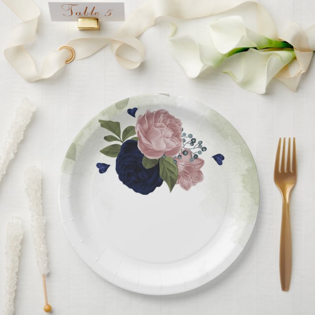 Assiettes En Carton rose et bleu marine fleurs verdure (Mariage)