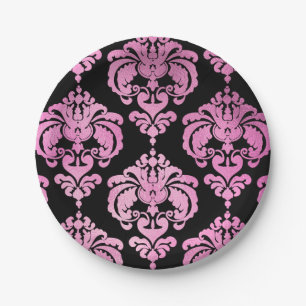 Assiettes En Carton Rose et noir damassé mariage vintage événement fêt