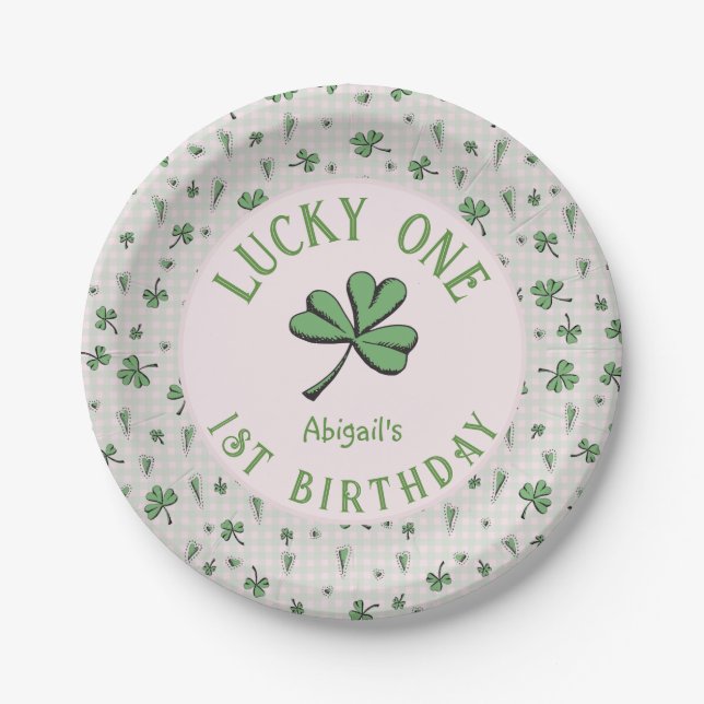 Assiettes En Carton Rose et vert Lucky One irlandais fille 1er anniver (Devant)
