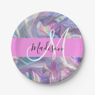 Assiettes En Carton Rose Féminin Holographique Iridescent Monogramme N