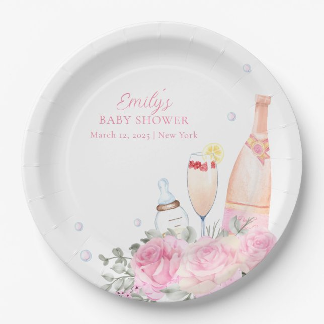 Assiettes En Carton Rose Fleur Poppin Champagne Bouteilles Baby shower (Devant)