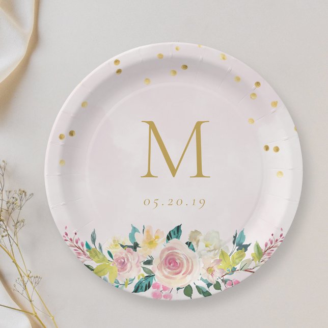 Assiettes En Carton Rose Floral Initial Robe de Mariée (Créateur téléchargé)