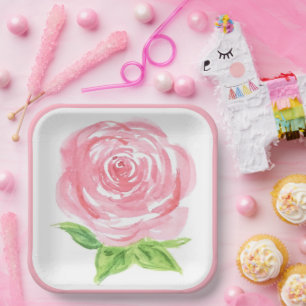 Assiettes En Carton Rose florale aquarelle libre peinte à la main