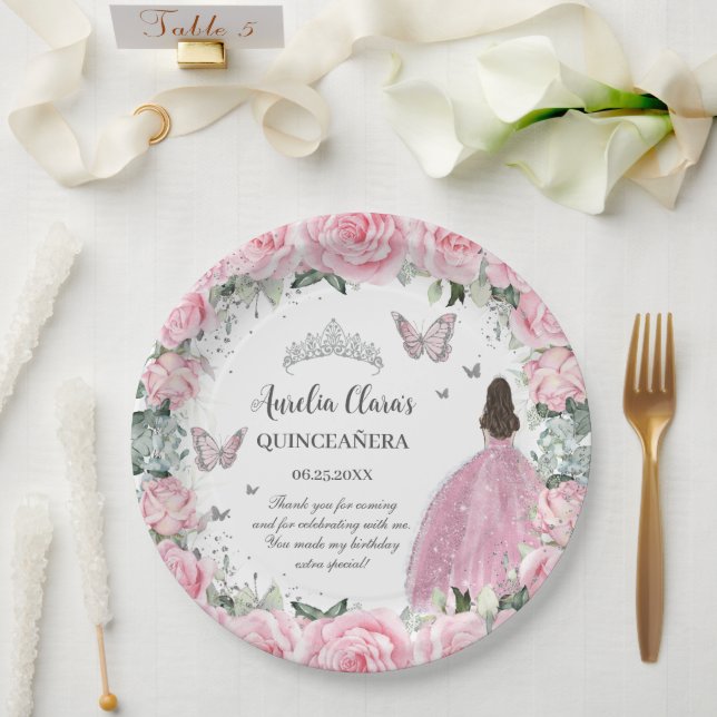 Assiettes En Carton Rose Foncé Floral Princesse Argent Quinceañera XV (Mariage)