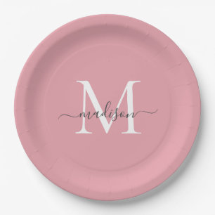 Assiettes En Carton Rose Foncé Gris Monogramme Élégant Nom de Script F