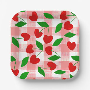Assiettes En Carton rose gingham forme de coeur rockabilly