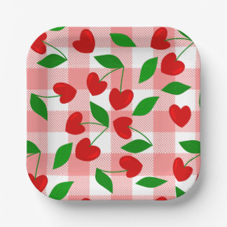 Assiettes En Carton rose gingham forme de coeur rockabilly
