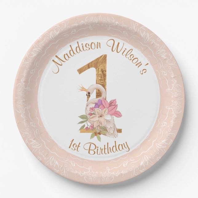 Assiettes En Carton Rose Girl Swan 1er Anniversaire Plaque Papier (Devant)