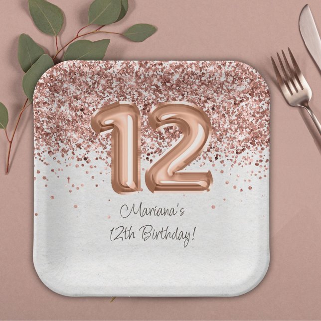 Assiettes En Carton Rose Gold 12e fête d'anniversaire (Créateur téléchargé)