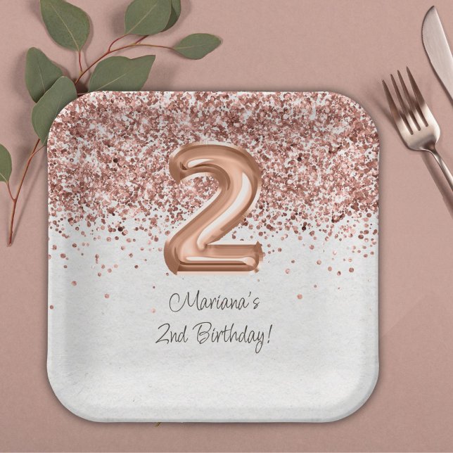 Assiettes En Carton Rose Gold 2ème fête d'anniversaire (Créateur téléchargé)