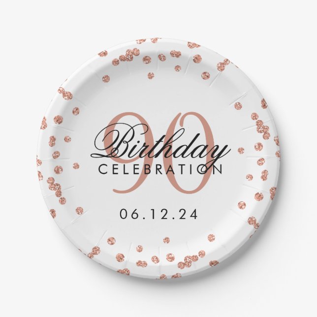 Assiettes En Carton Rose Gold 90th Birthday Parties scintillant Confet (Devant)