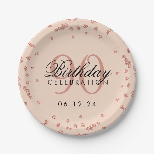 Assiettes En Carton Rose Gold 90th Birthday Parties scintillant Confet
