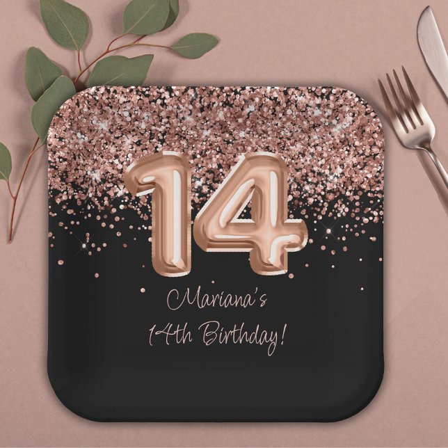 Assiettes En Carton Rose Gold Black 14e fête d'anniversaire (Créateur téléchargé)
