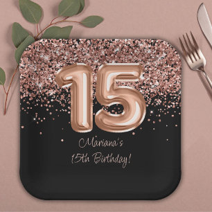 Assiettes En Carton Rose Gold Black 15e fête d'anniversaire