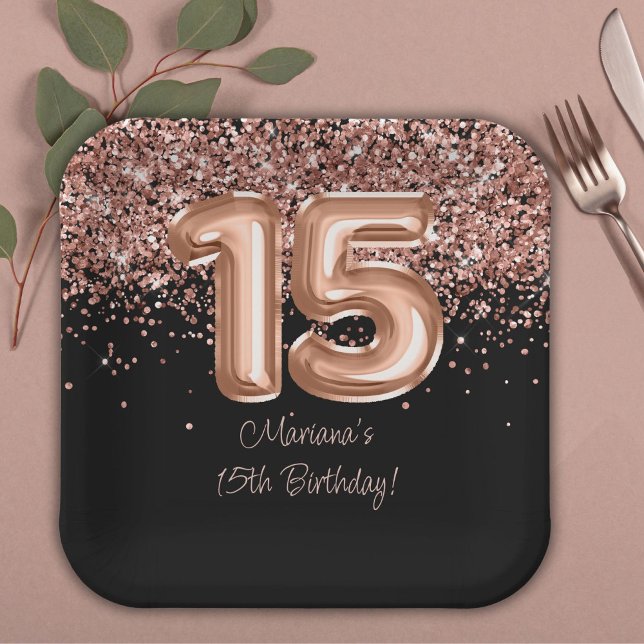 Assiettes En Carton Rose Gold Black 15e fête d'anniversaire (Créateur téléchargé)