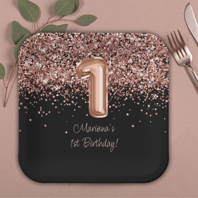 Assiettes En Carton Rose Gold Black 1er anniversaire (Créateur téléchargé)