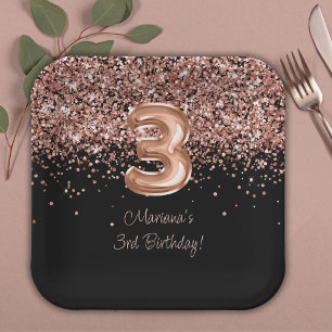 Assiettes En Carton Rose Gold Black 3ème fête d'anniversaire