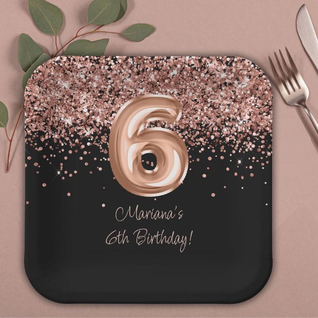 Assiettes En Carton Rose Gold Black 6e fête d'anniversaire (Créateur téléchargé)