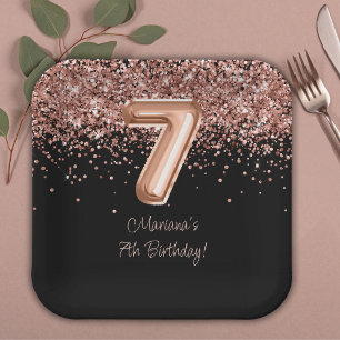 Assiettes En Carton Rose Gold Black 7e fête d'anniversaire