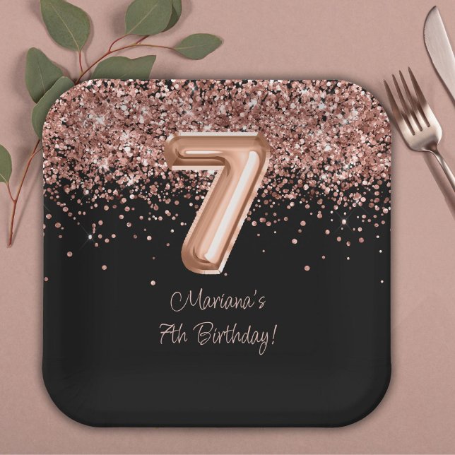 Assiettes En Carton Rose Gold Black 7e fête d'anniversaire (Créateur téléchargé)