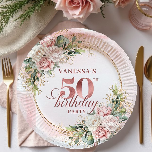 Assiettes En Carton Rose Gold Blush Floral 50th Birthday Paper Plates (Rose Gold Blush Floral 50th Birthday Paper Plates)