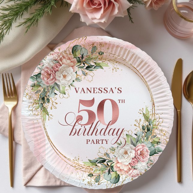 Assiettes En Carton Rose Gold Blush Floral 50th Birthday Paper Plates (Complete your milestone celebration with these elegant 50th birthday paper plates designed with soft)