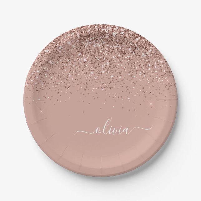 Assiettes En Carton Rose Gold - Blush Pink Glitter Monogram Nom (Devant)